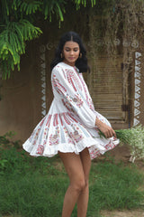 Short Khajur Print Cream Dress