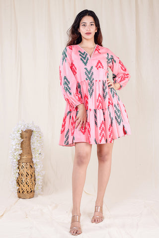 Pink Sleek Hand Block Printed Short Dress