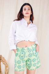 Sunday Celery Green Hand Block Cotton Shorts