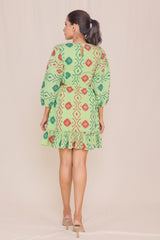 Carefree Moss Green Hand Block Print Short Dress