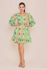 Carefree Moss Green Hand Block Print Short Dress