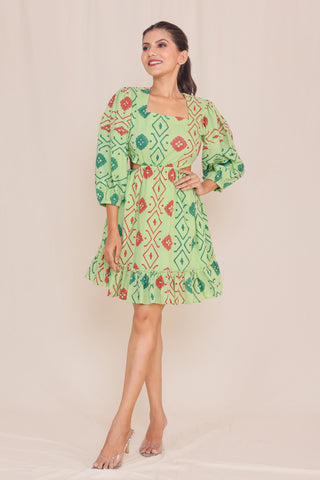 Carefree Moss Green Hand Block Print Short Dress