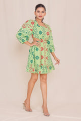 Carefree Moss Green Hand Block Print Short Dress