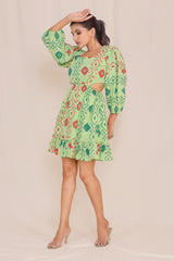 Carefree Moss Green Hand Block Print Short Dress