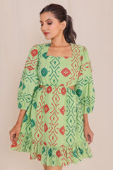 Carefree Moss Green Hand Block Print Short Dress