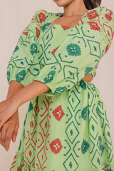 Carefree Moss Green Hand Block Print Short Dress